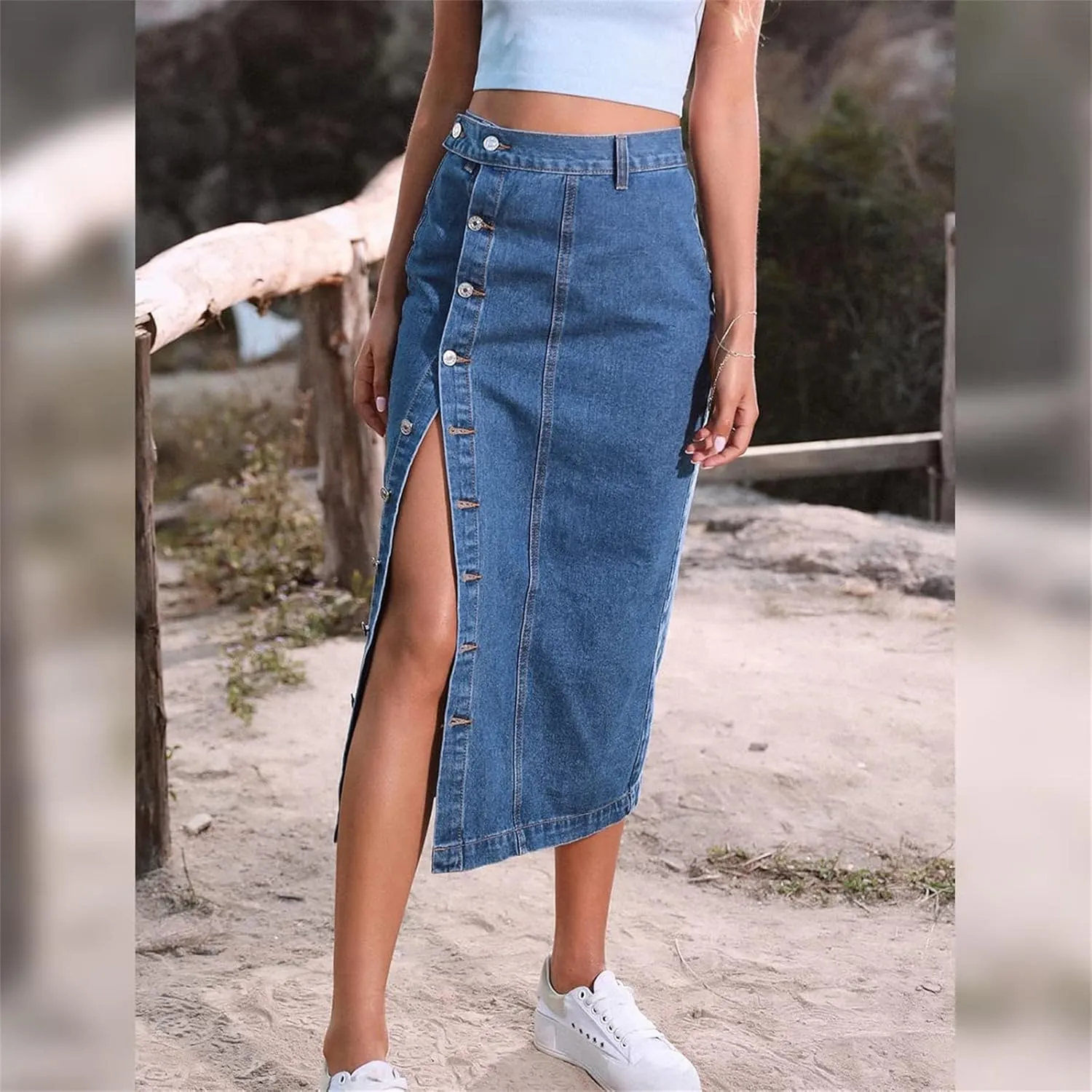 Women's High Waisted Slit Button up Midi Jean Skirt, High Waist Slim Fit Casual Jean Pencil Skirt with Pockets