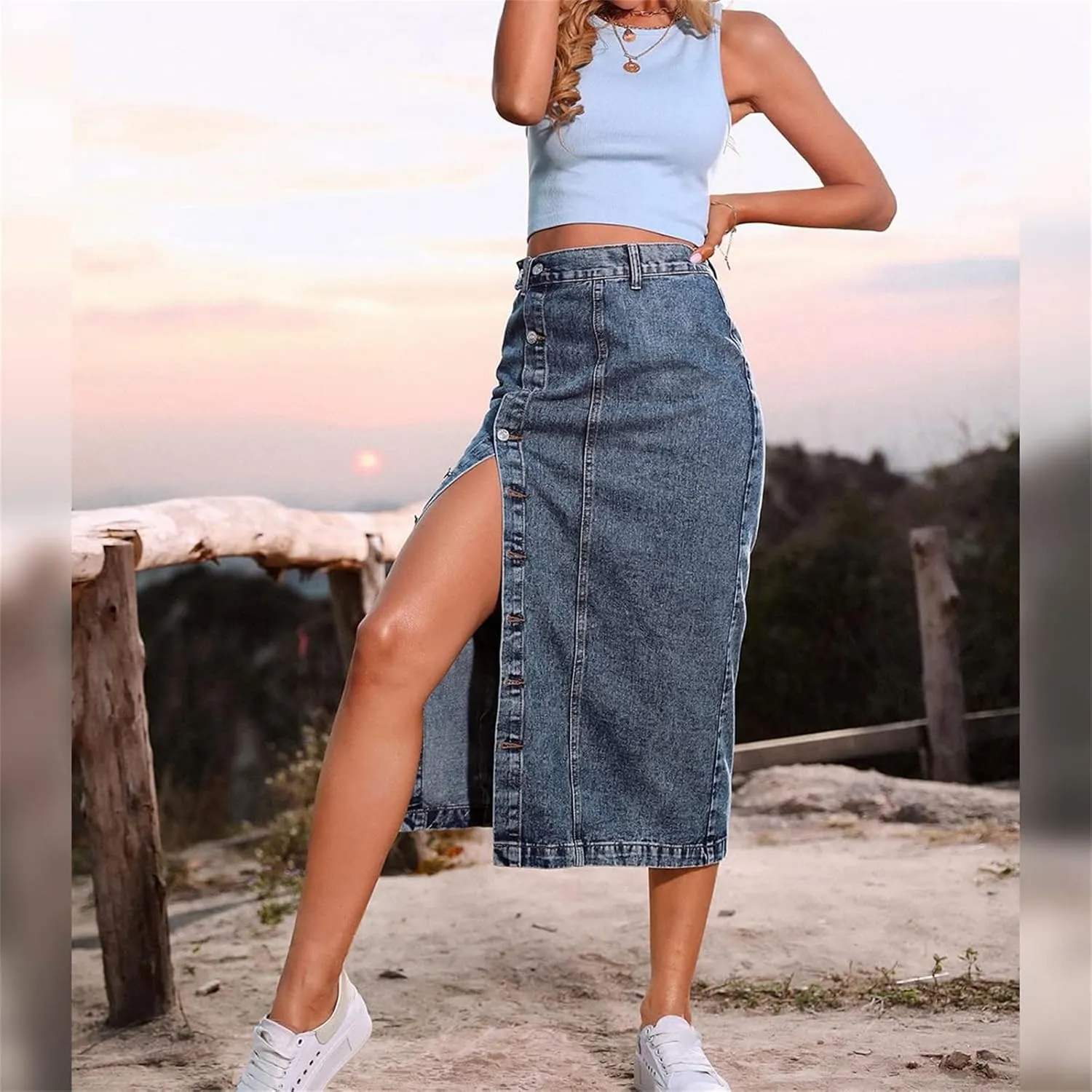 Women's High Waisted Slit Button up Midi Jean Skirt, High Waist Slim Fit Casual Jean Pencil Skirt with Pockets
