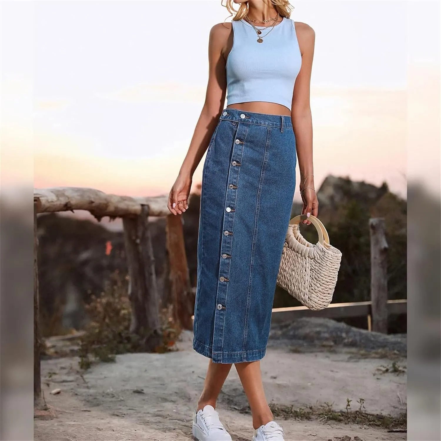 Women's High Waisted Slit Button up Midi Jean Skirt, High Waist Slim Fit Casual Jean Pencil Skirt with Pockets