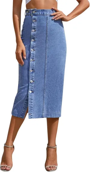 Women's High Waisted Slit Button up Midi Jean Skirt, High Waist Slim Fit Casual Jean Pencil Skirt with Pockets