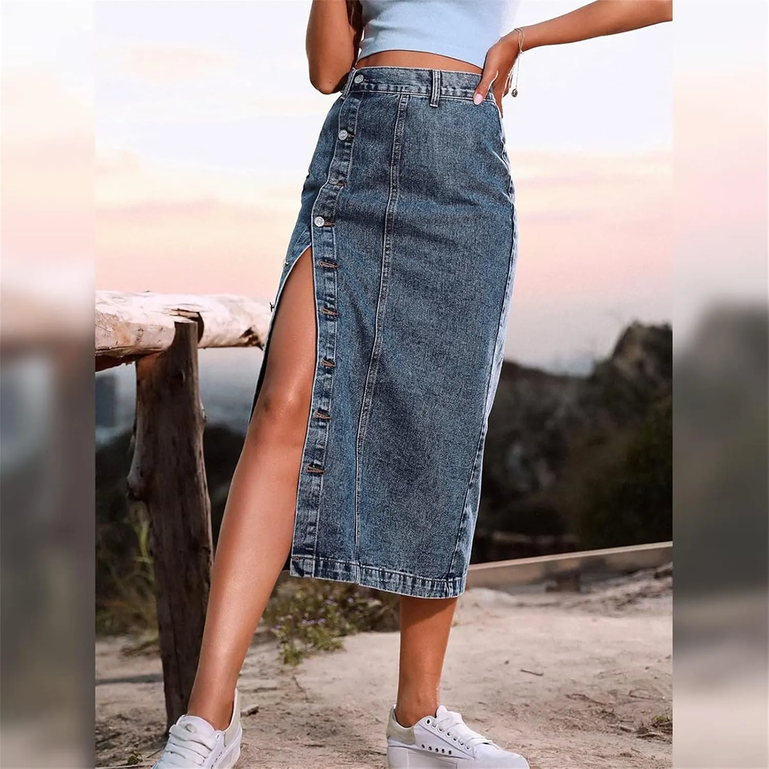 Women's High Waisted Slit Button up Midi Jean Skirt, High Waist Slim Fit Casual Jean Pencil Skirt with Pockets