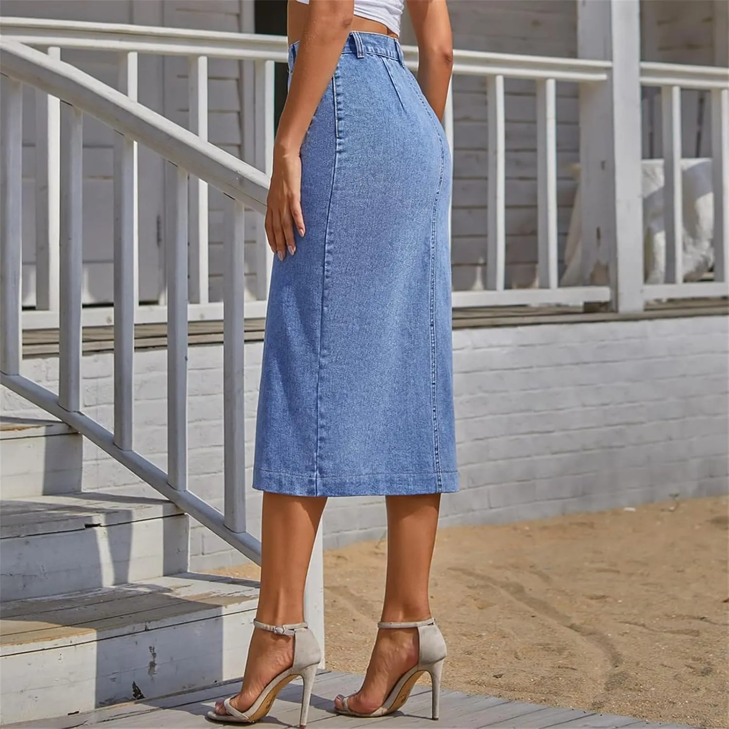 Women's High Waisted Slit Button up Midi Jean Skirt, High Waist Slim Fit Casual Jean Pencil Skirt with Pockets