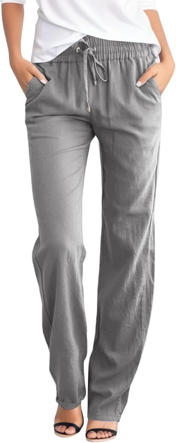Womens Linen Pants Casual Elastic Waist Loose Summer Beach Pants Drawstring High Waisted Stright Leg Lounge Pants for Women