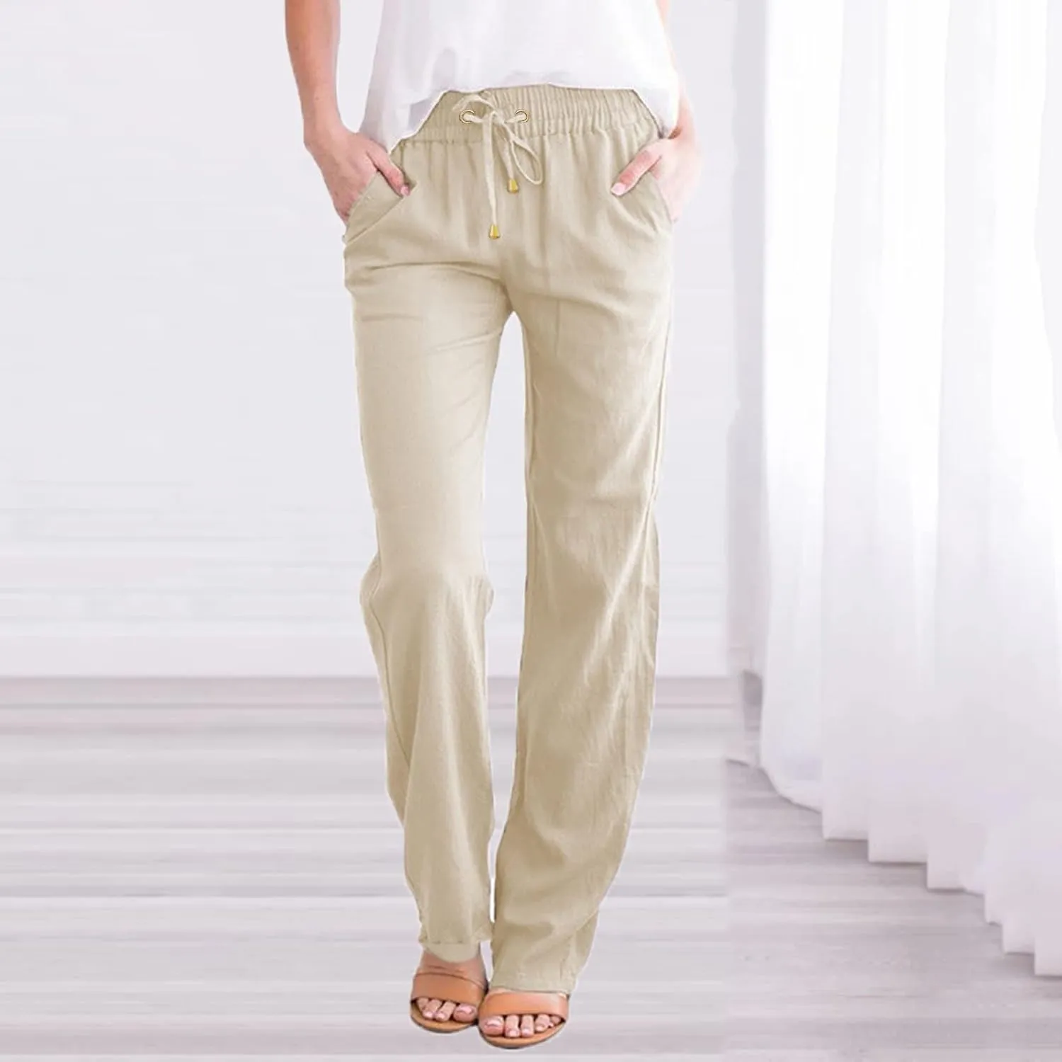 Womens Linen Pants Casual Elastic Waist Loose Summer Beach Pants Drawstring High Waisted Stright Leg Lounge Pants for Women