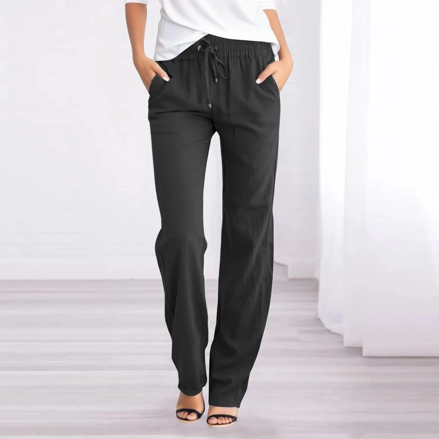 Womens Linen Pants Casual Elastic Waist Loose Summer Beach Pants Drawstring High Waisted Stright Leg Lounge Pants for Women