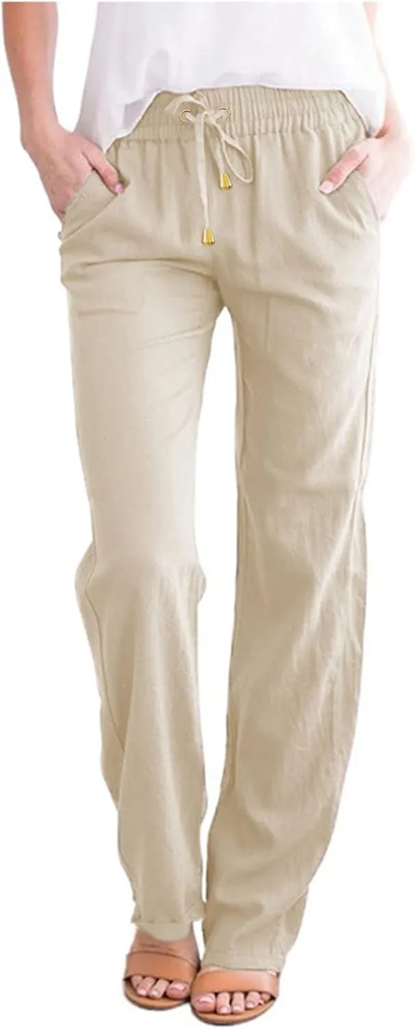 Womens Linen Pants Casual Elastic Waist Loose Summer Beach Pants Drawstring High Waisted Stright Leg Lounge Pants for Women