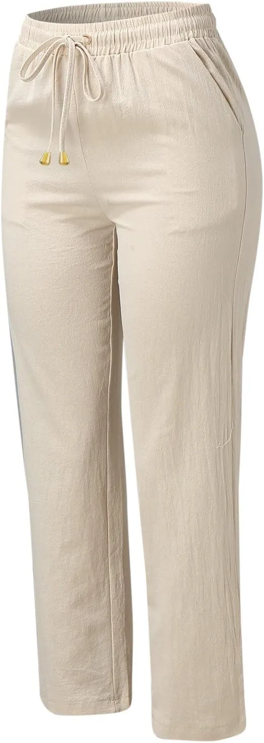 Womens Linen Pants Casual Elastic Waist Loose Summer Beach Pants Drawstring High Waisted Stright Leg Lounge Pants for Women