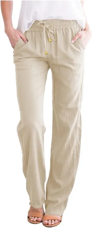 Womens Linen Pants Casual Elastic Waist Loose Summer Beach Pants Drawstring High Waisted Stright Leg Lounge Pants for Women