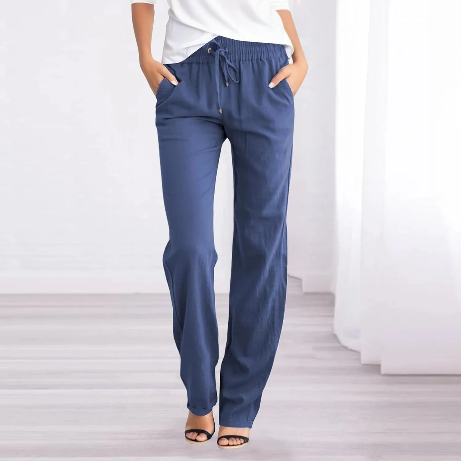 Womens Linen Pants Casual Elastic Waist Loose Summer Beach Pants Drawstring High Waisted Stright Leg Lounge Pants for Women