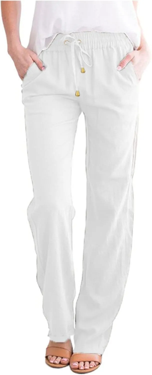 Womens Linen Pants Casual Elastic Waist Loose Summer Beach Pants Drawstring High Waisted Stright Leg Lounge Pants for Women