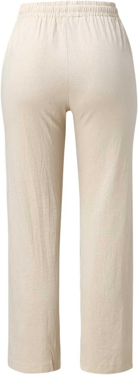 Womens Linen Pants Casual Elastic Waist Loose Summer Beach Pants Drawstring High Waisted Stright Leg Lounge Pants for Women