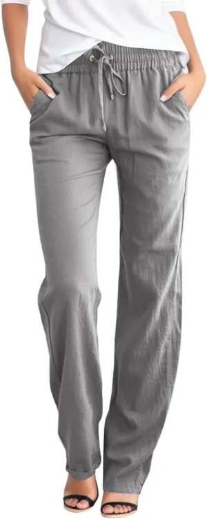 Womens Linen Pants Casual Elastic Waist Loose Summer Beach Pants Drawstring High Waisted Stright Leg Lounge Pants for Women