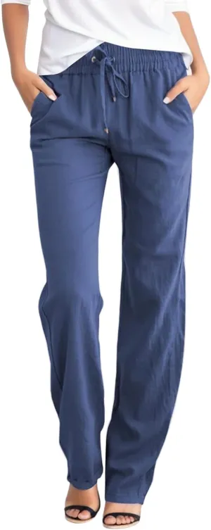 Womens Linen Pants Casual Elastic Waist Loose Summer Beach Pants Drawstring High Waisted Stright Leg Lounge Pants for Women