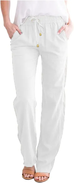 Womens Linen Pants Casual Elastic Waist Loose Summer Beach Pants Drawstring High Waisted Stright Leg Lounge Pants for Women