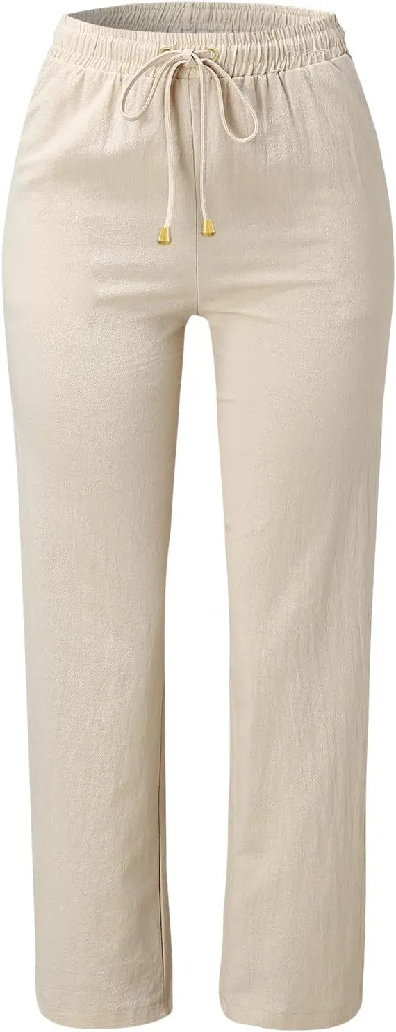 Womens Linen Pants Casual Elastic Waist Loose Summer Beach Pants Drawstring High Waisted Stright Leg Lounge Pants for Women