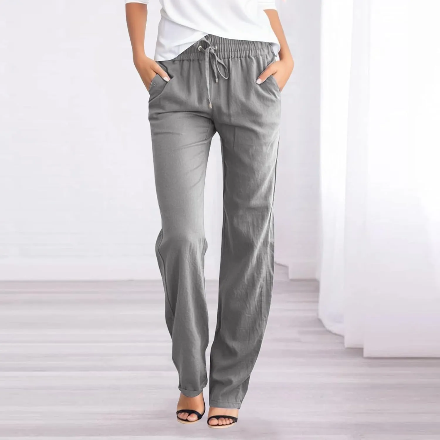 Womens Linen Pants Casual Elastic Waist Loose Summer Beach Pants Drawstring High Waisted Stright Leg Lounge Pants for Women