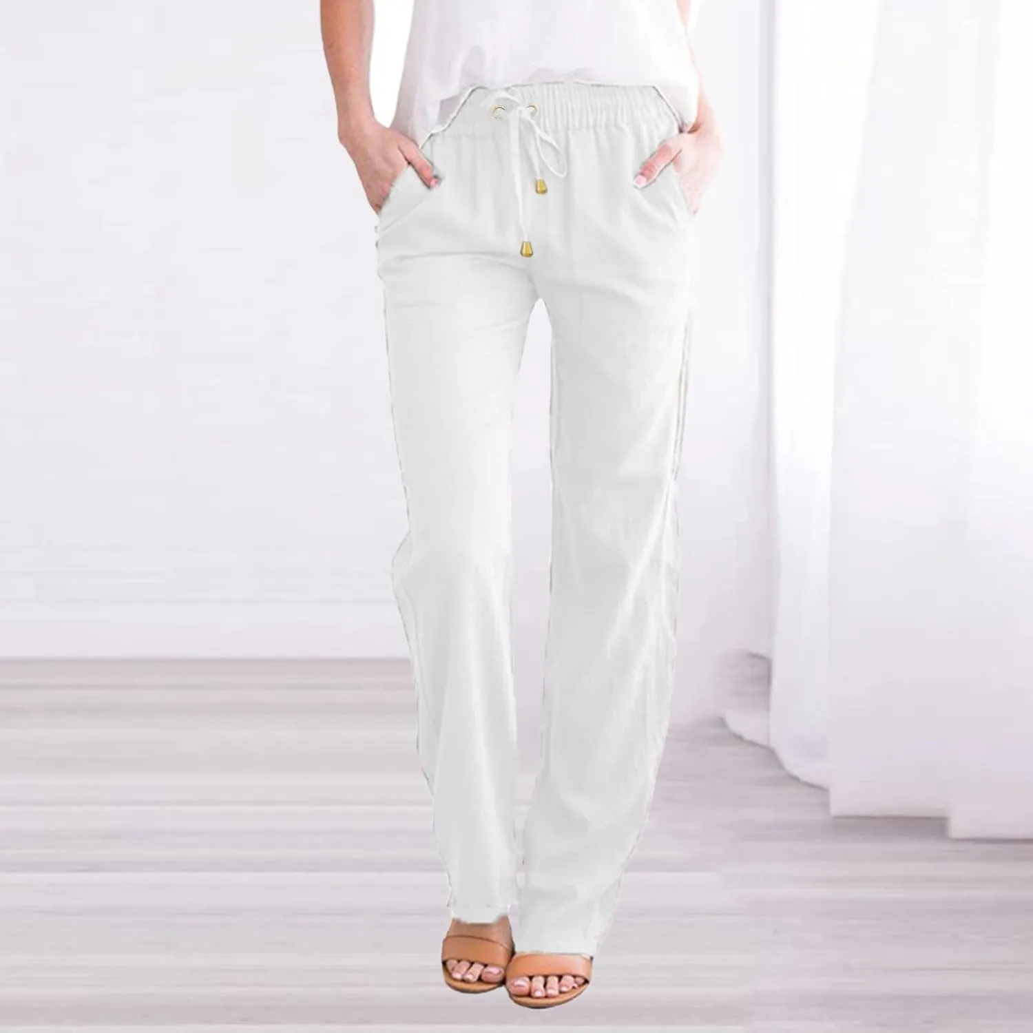 Womens Linen Pants Casual Elastic Waist Loose Summer Beach Pants Drawstring High Waisted Stright Leg Lounge Pants for Women