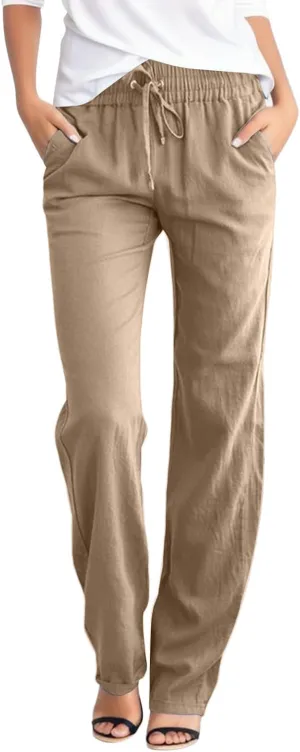 Womens Linen Pants Casual Elastic Waist Loose Summer Beach Pants Drawstring High Waisted Stright Leg Lounge Pants for Women
