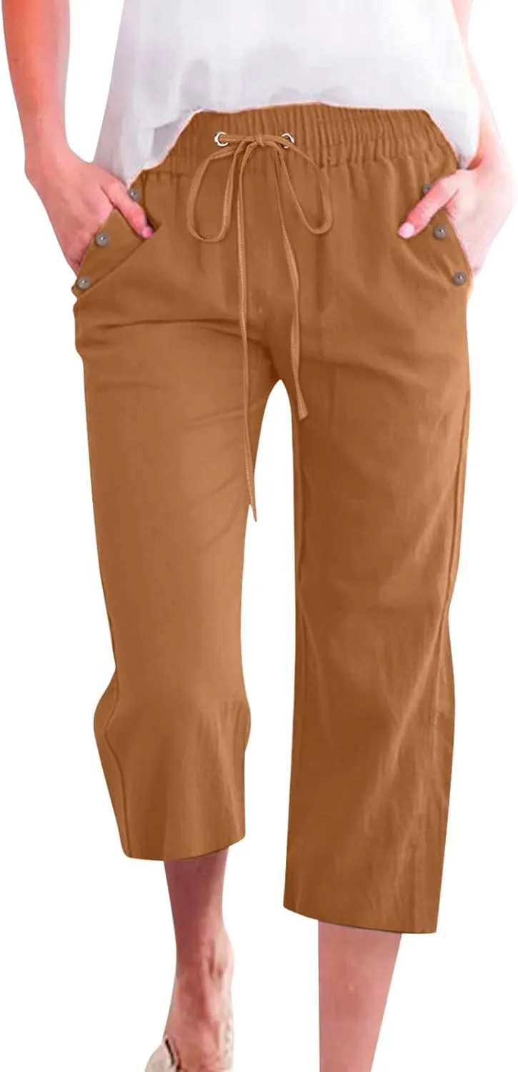 Womens Linen Pants Color Cotton Elastic Long Pants Beach Leisure Trousers Linen Business Work Casual Flowy