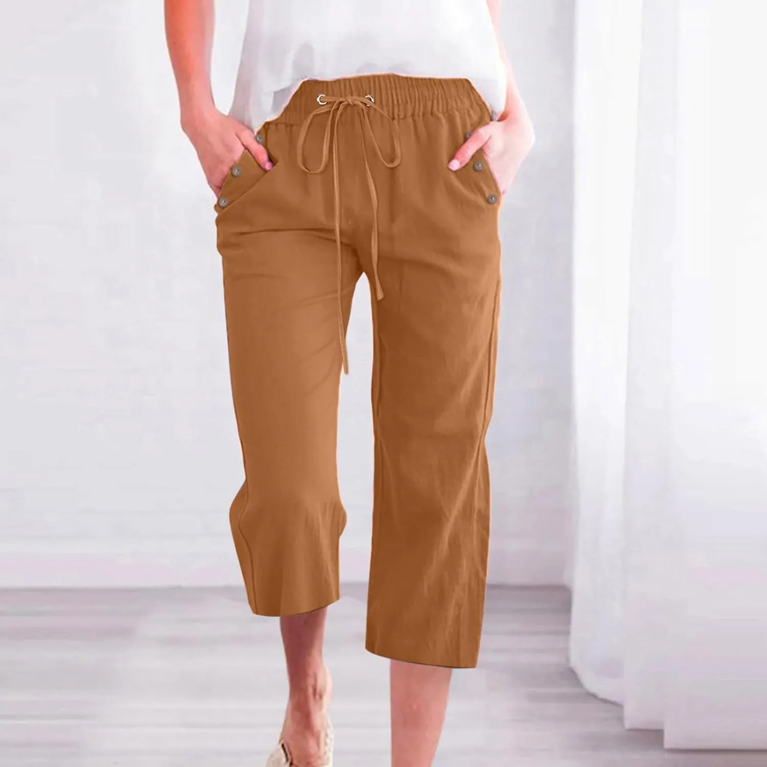 Womens Linen Pants Color Cotton Elastic Long Pants Beach Leisure Trousers Linen Business Work Casual Flowy