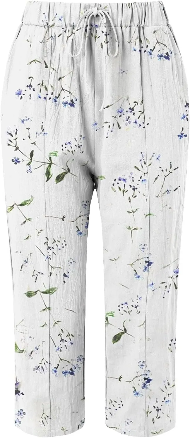 Women's Linen Pants Summer Casual Drawstring Pants Summer Vacation High Waist Wide Leg Trousers Womens White Linen