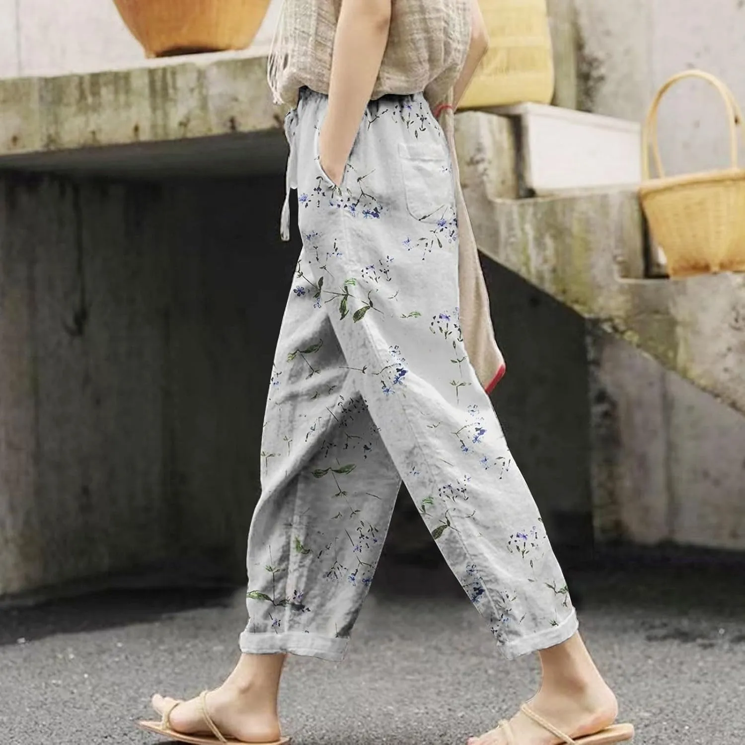 Women's Linen Pants Summer Casual Drawstring Pants Summer Vacation High Waist Wide Leg Trousers Womens White Linen