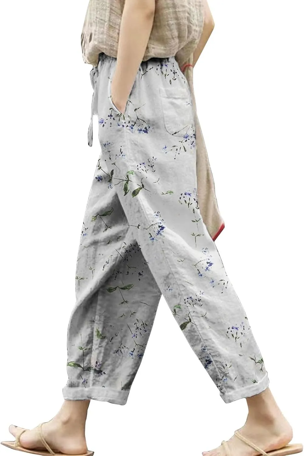 Women's Linen Pants Summer Casual Drawstring Pants Summer Vacation High Waist Wide Leg Trousers Womens White Linen