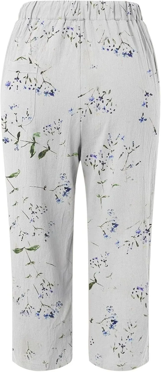 Women's Linen Pants Summer Casual Drawstring Pants Summer Vacation High Waist Wide Leg Trousers Womens White Linen