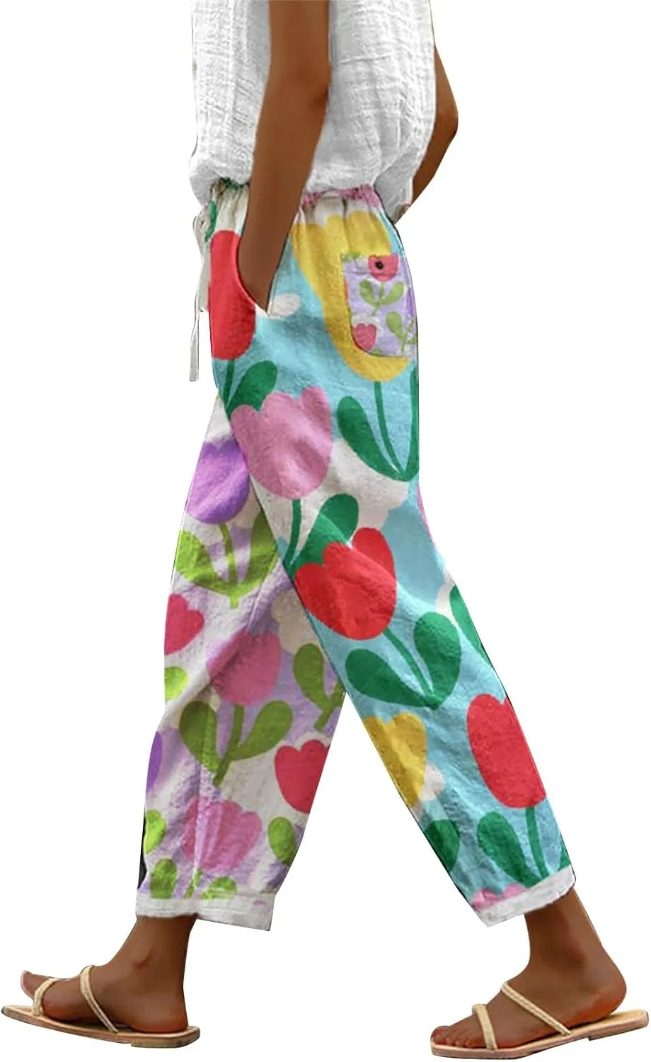 Womens Linen Pants with Pockets Drawstring Pants Drawstring Loose Fit Summer Linen Dress Women