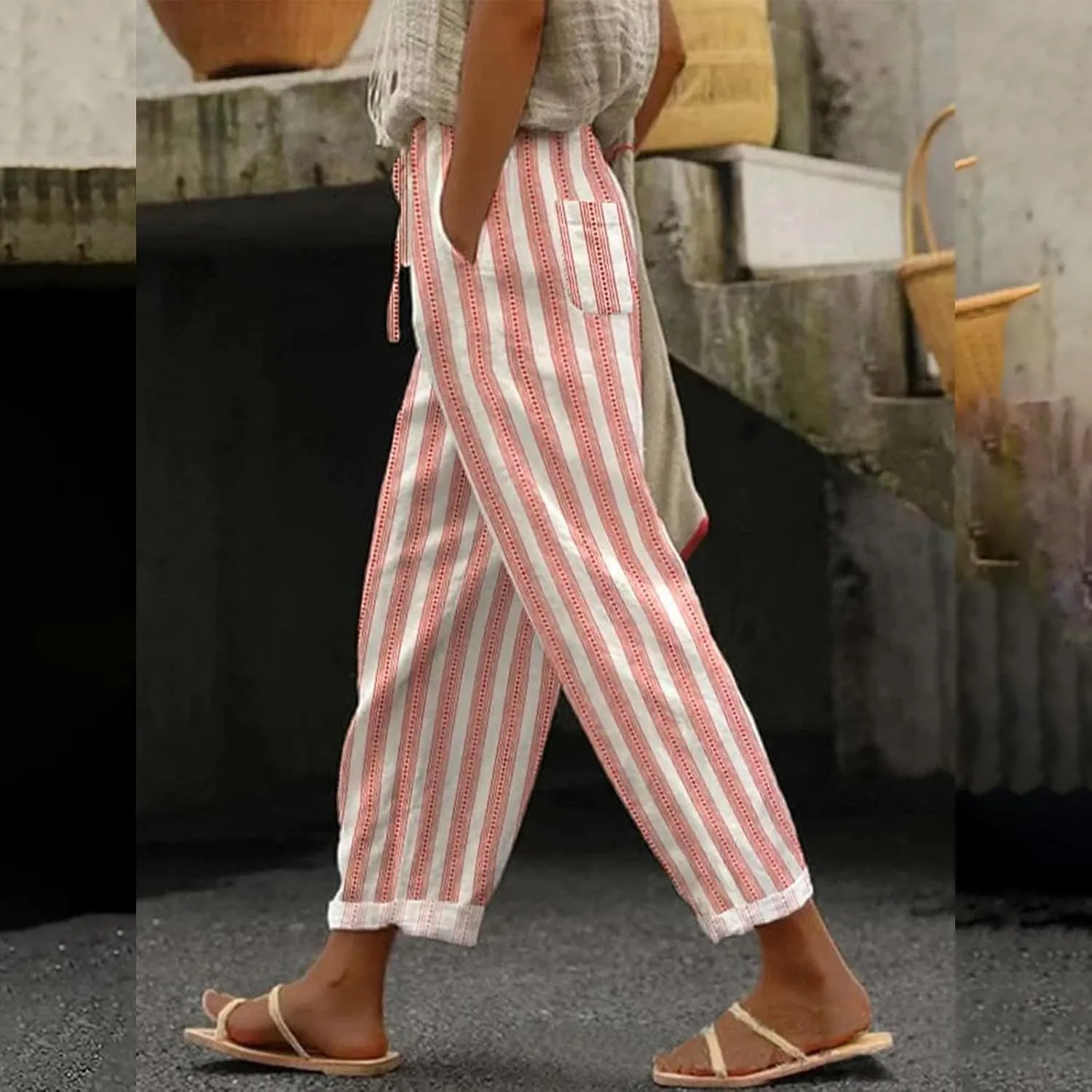 Womens Linen Pants with Pockets Drawstring Pants Drawstring Loose Fit Summer Linen Dress Women