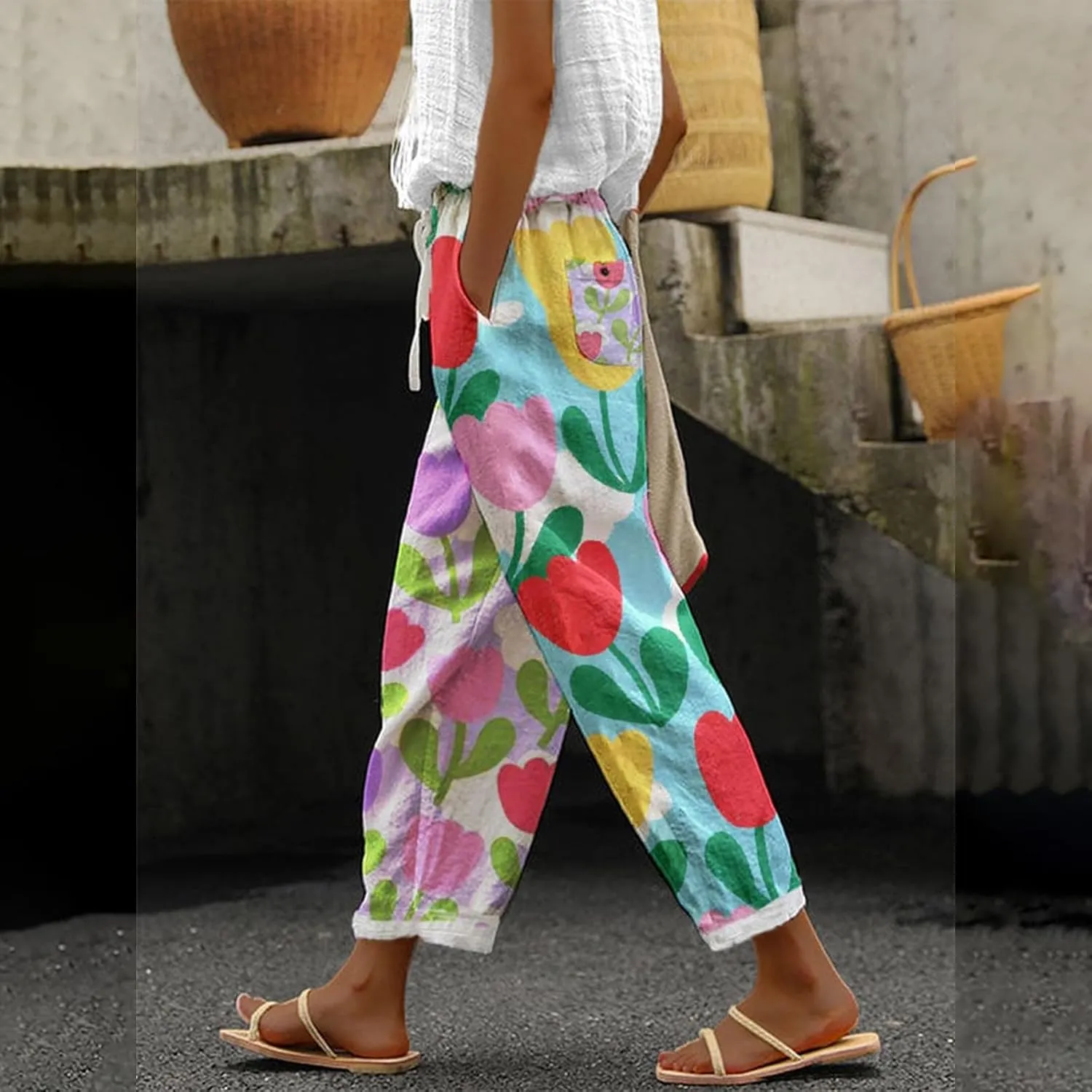 Womens Linen Pants with Pockets Drawstring Pants Drawstring Loose Fit Summer Linen Dress Women