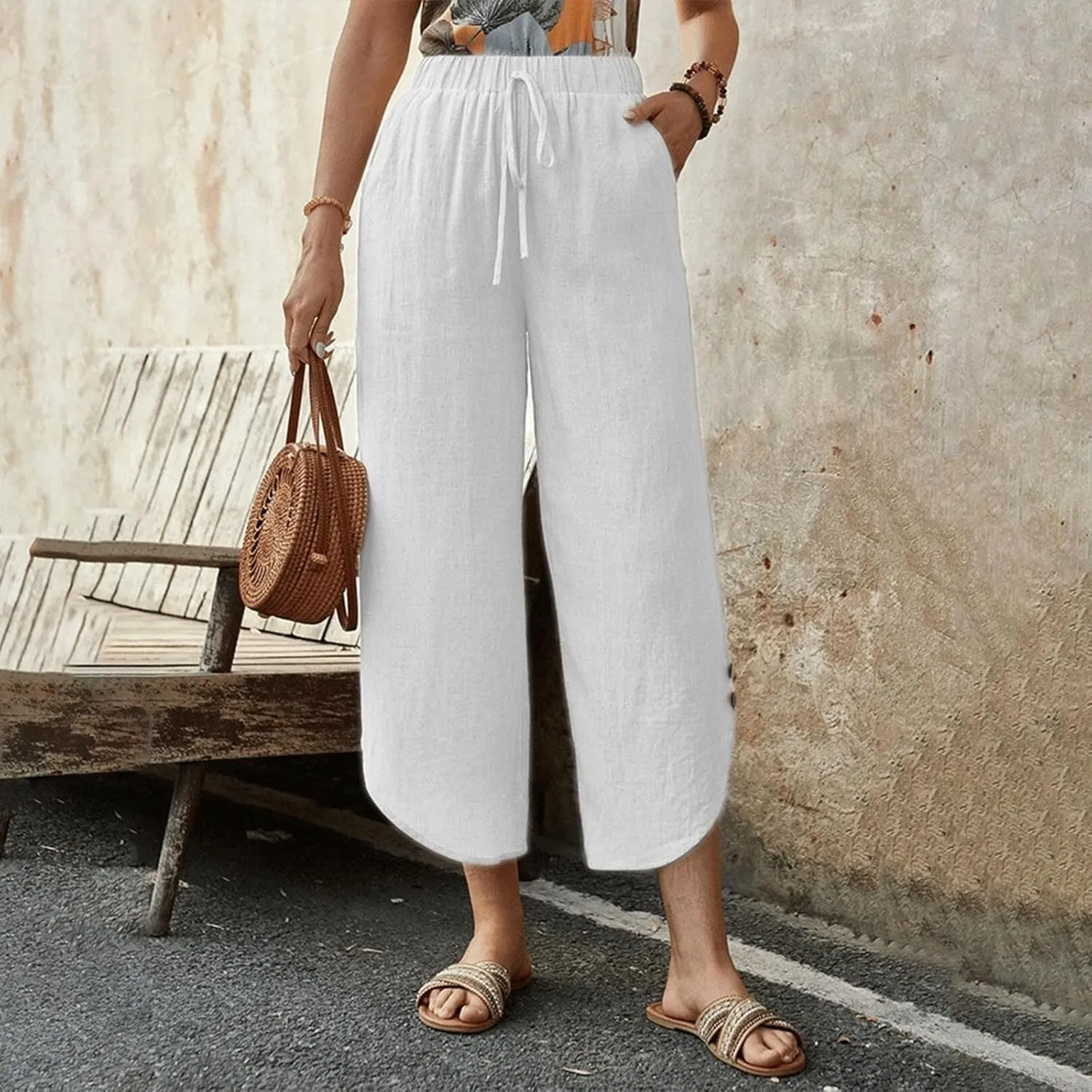Women's Linen Summer Palazzo Pants Elastic High Waist Loose Slit Cropped Pants Wide Leg Loose Cotton Linen Palazzo