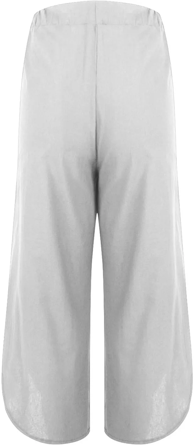 Women's Linen Summer Palazzo Pants Elastic High Waist Loose Slit Cropped Pants Wide Leg Loose Cotton Linen Palazzo