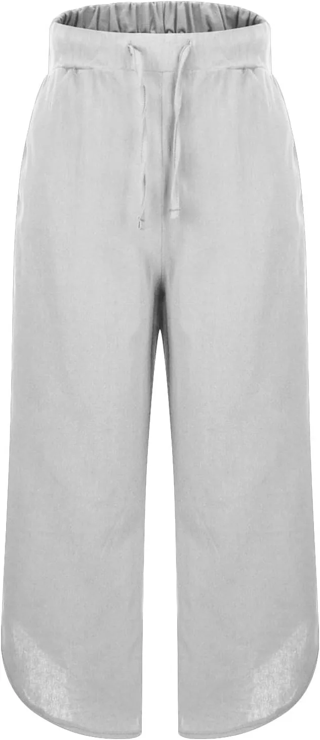 Women's Linen Summer Palazzo Pants Elastic High Waist Loose Slit Cropped Pants Wide Leg Loose Cotton Linen Palazzo