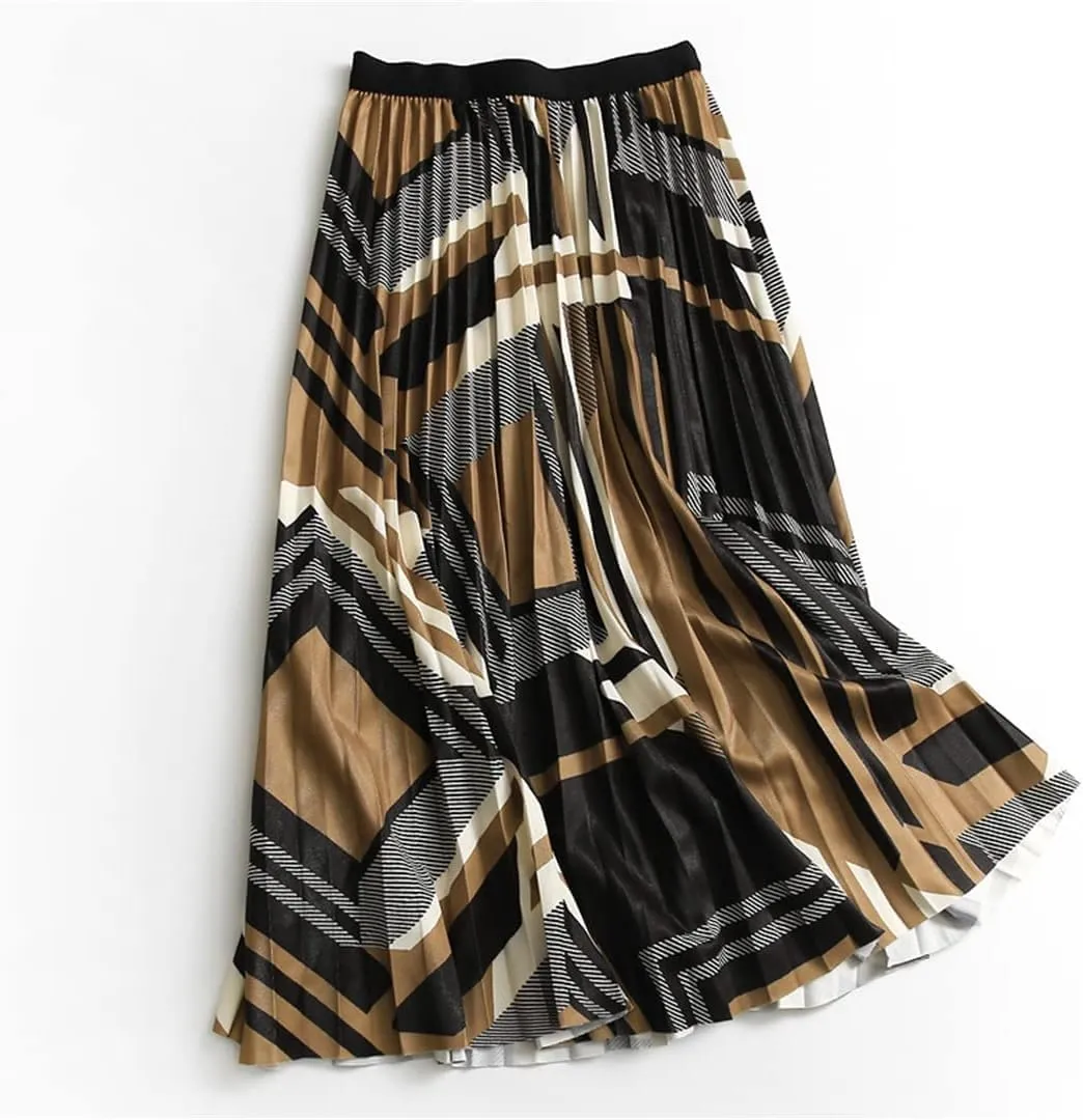 Women's Midi Pleated Skirt Spring Summer Collection Korean Style High Waist A-Line