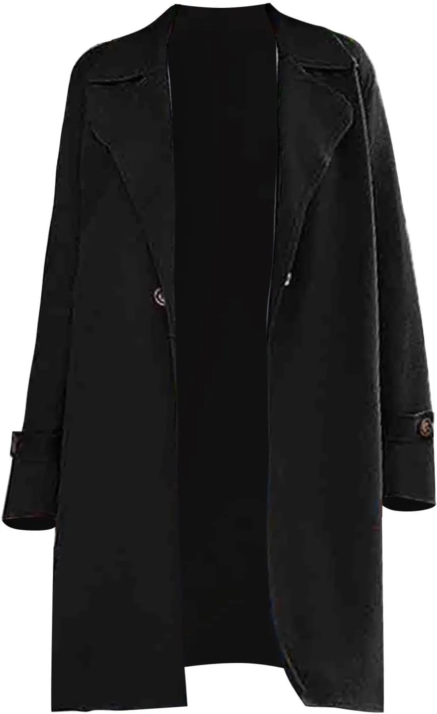 Women's Open Front Trench Coat Dressy Double Breasted Mid-Long Overcoat Trendy Classic Lapel Solid Color Pea Coat