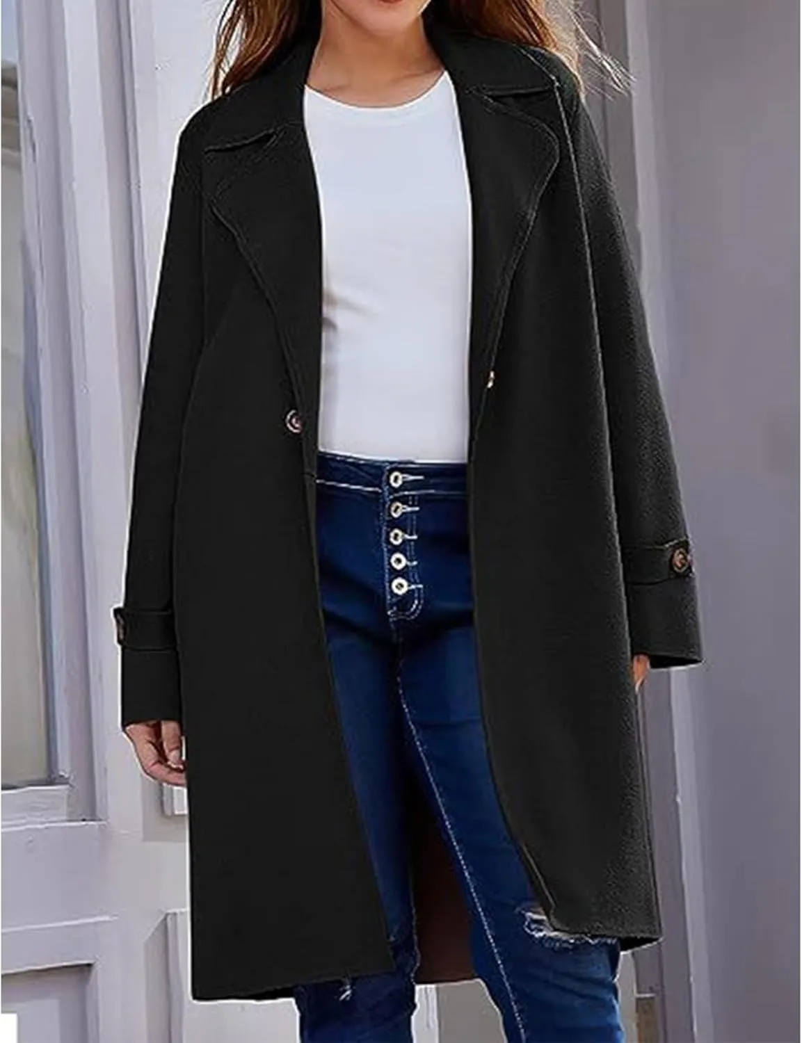 Women's Open Front Trench Coat Dressy Double Breasted Mid-Long Overcoat Trendy Classic Lapel Solid Color Pea Coat