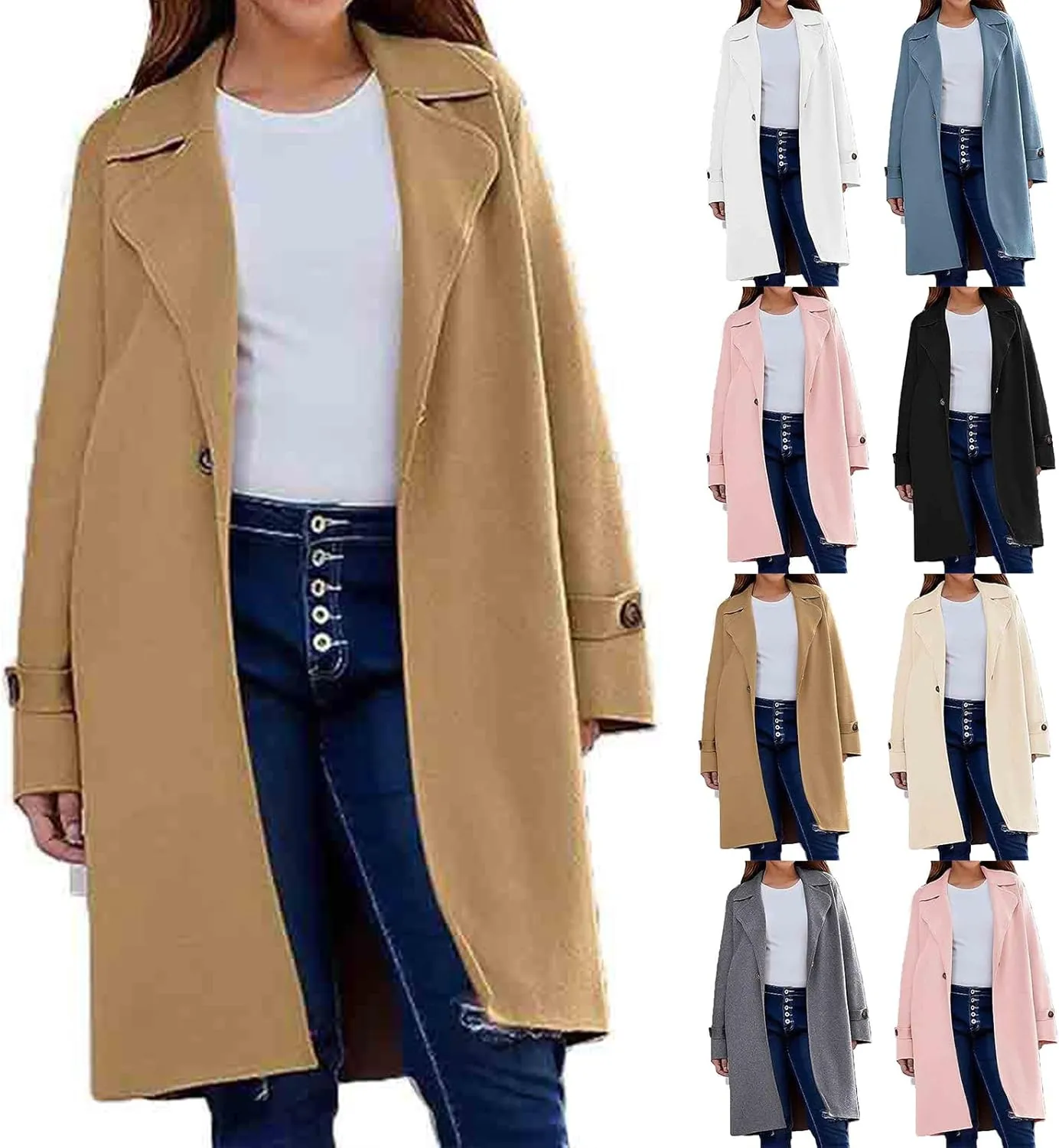Women's Open Front Trench Coat Dressy Double Breasted Mid-Long Overcoat Trendy Classic Lapel Solid Color Pea Coat