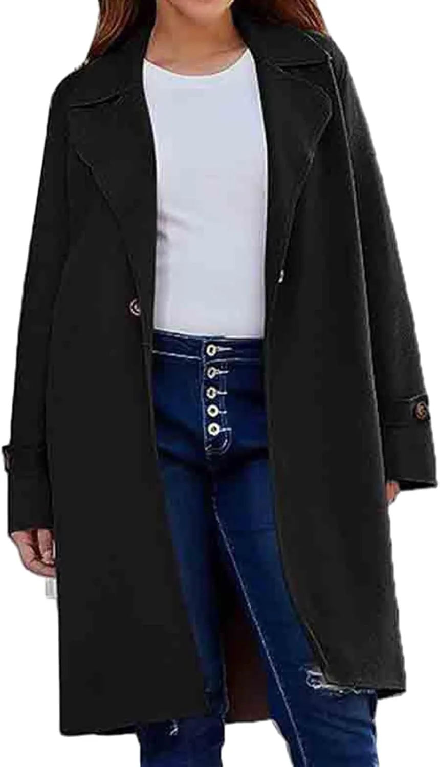 Women's Open Front Trench Coat Dressy Double Breasted Mid-Long Overcoat Trendy Classic Lapel Solid Color Pea Coat