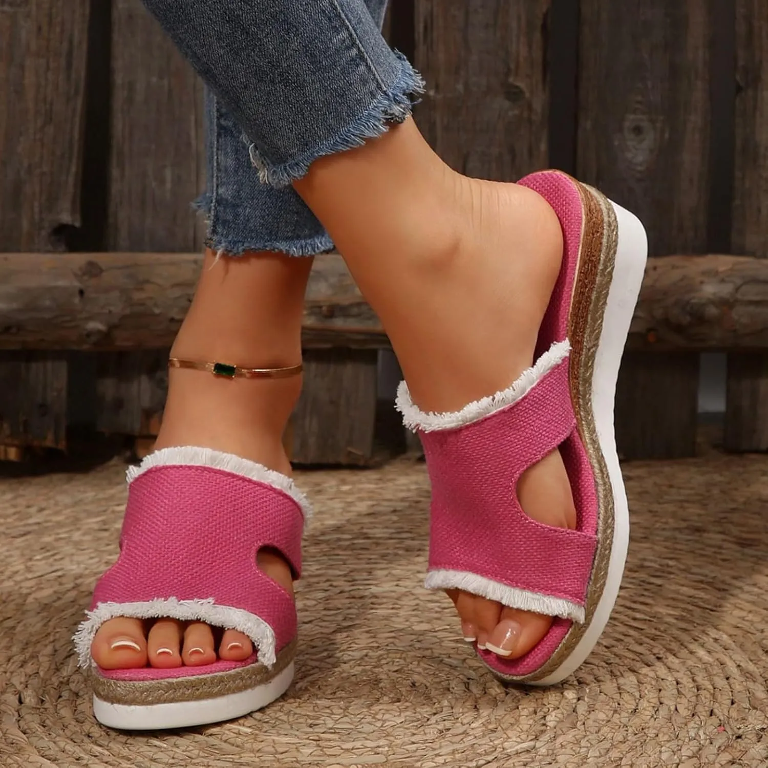 Women's Orthopedic Arch Support Platform Wedge Sandals 2025 Open Toe Slip-On Slides Wedge Heel Platform Comfortable Woven Espadrilles Slippers Wide Width Walking Dress Shoes for Party