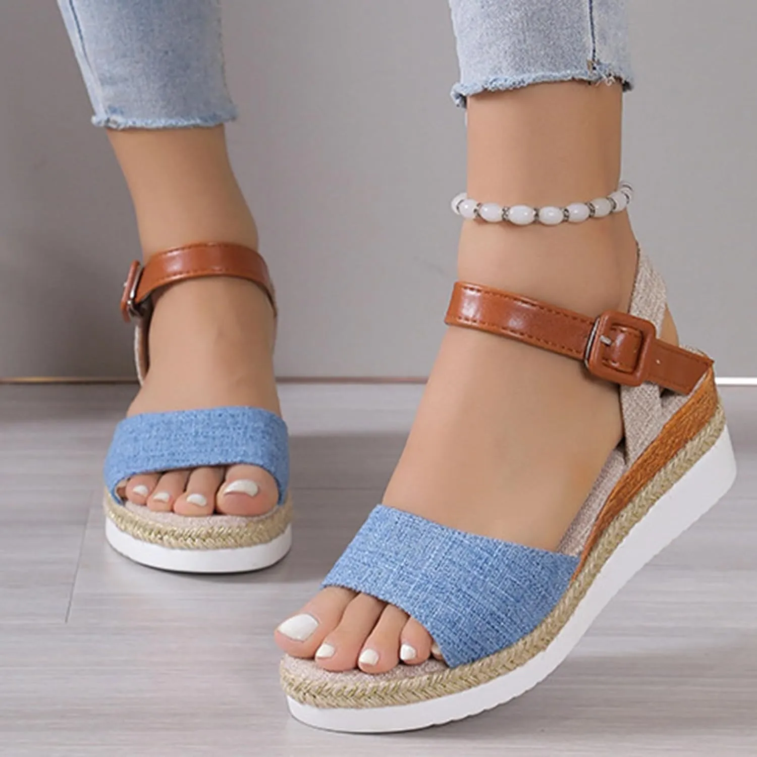 Womens Orthopedic Sandals with Arch Support Open Toe Ankle Strap Espadrilles Platform Wedge Sandals Dressy Summer Beach Casual Slip On Walking Slippers Comfortable Outdoor Shoes