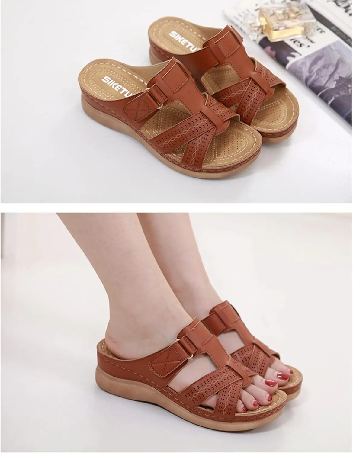 Womens Orthopedic Wedge Sandals Comfortable Slip on Platform Sandals, Summer Casual Walking Wedges Leather Hollow Out Buckle Breathable Shoes All Day Comfort