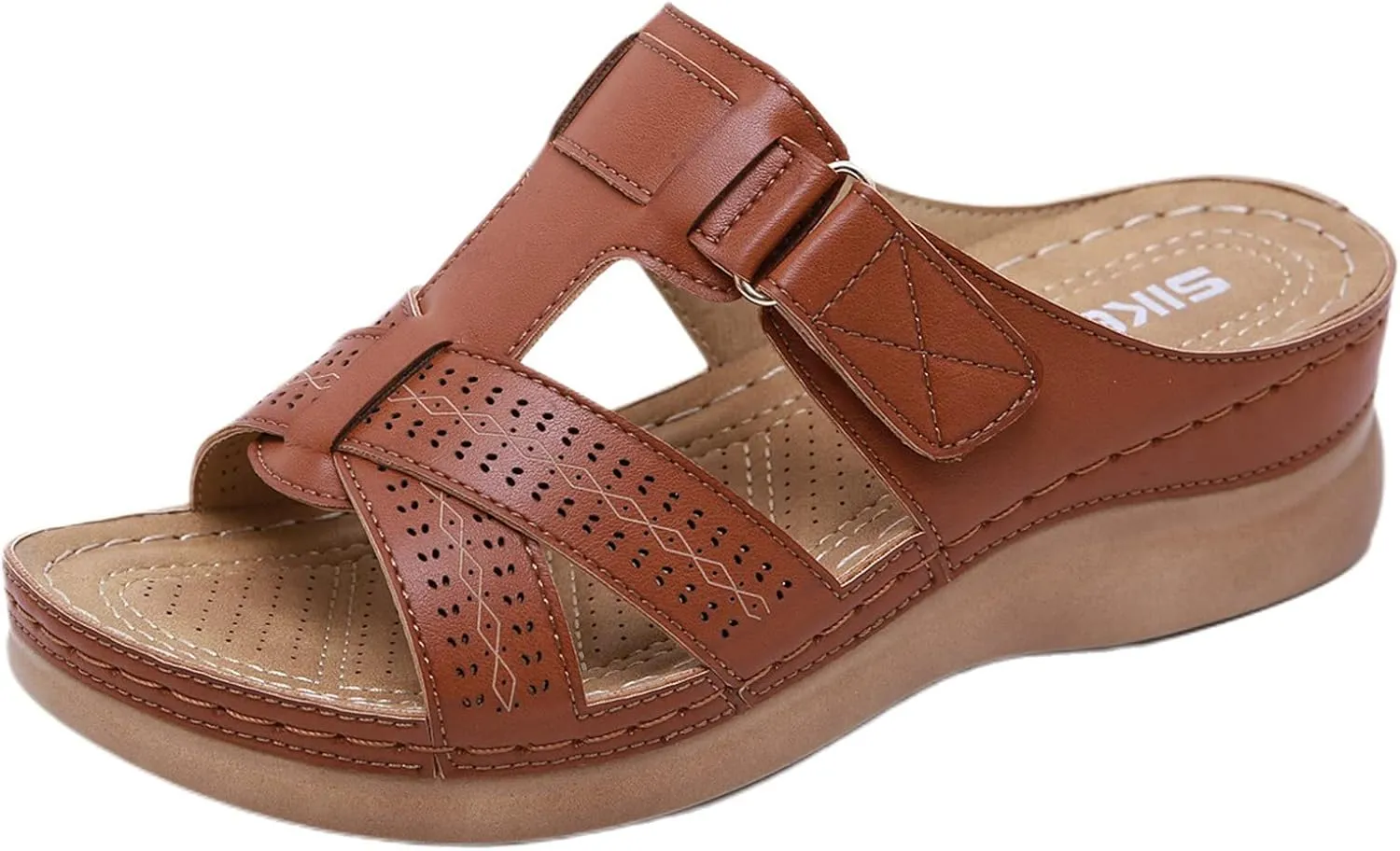 Womens Orthopedic Wedge Sandals Comfortable Slip on Platform Sandals, Summer Casual Walking Wedges Leather Hollow Out Buckle Breathable Shoes All Day Comfort