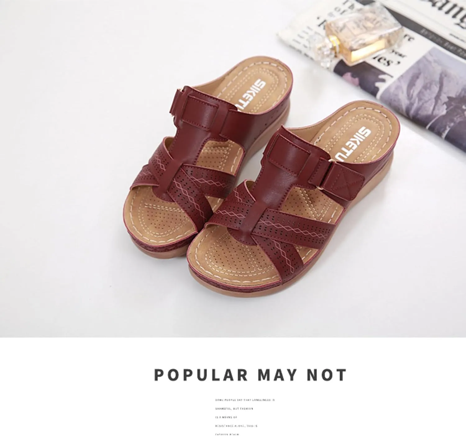 Womens Orthopedic Wedge Sandals Comfortable Slip on Platform Sandals, Summer Casual Walking Wedges Leather Hollow Out Buckle Breathable Shoes All Day Comfort