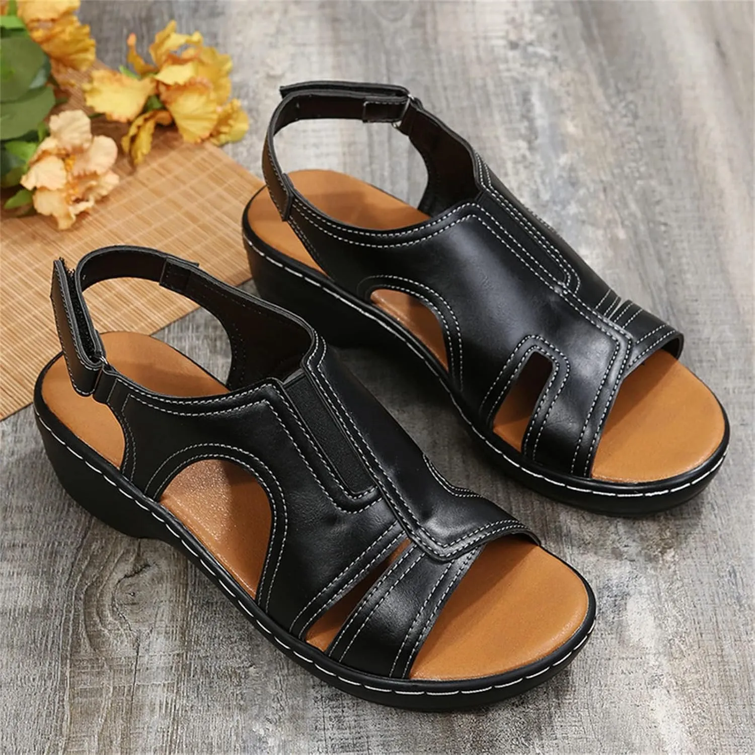 Womens Orthopedic Wedge Sandals Comfortable Slip on Platform Sandals, Wide Width Ankle Strap Open Toe Wedges Summer Casual Walking Shoes with Arch Support