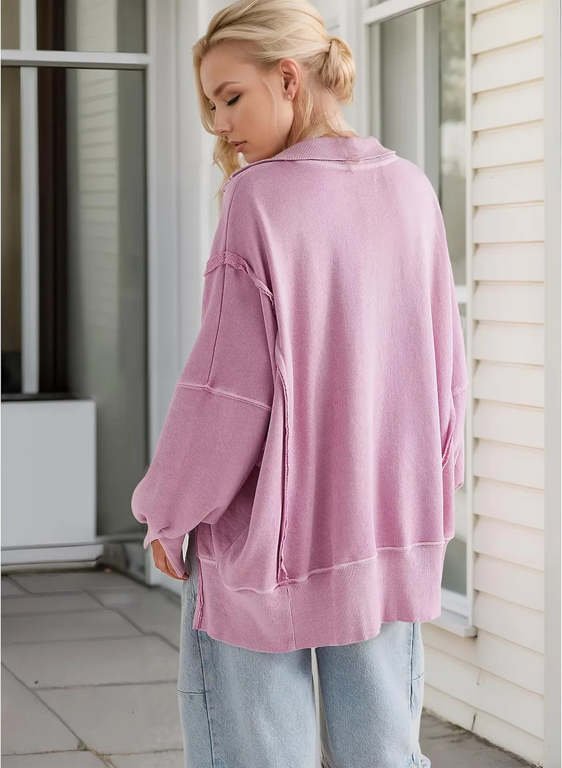 Women's Oversized V Neck Henley Pullover Sweatshirt Trendy Button Up High Low Split Casual Fall Top 2025