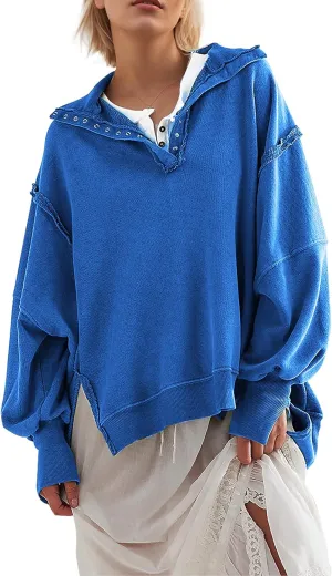 Women's Oversized V Neck Henley Pullover Sweatshirt Trendy Button Up High Low Split Casual Fall Top 2025