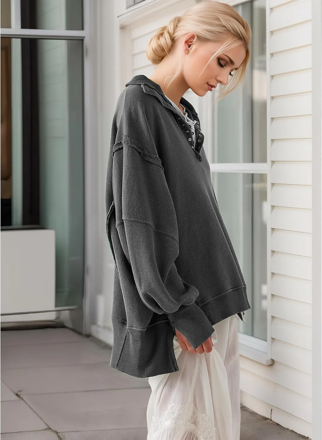Women's Oversized V Neck Henley Pullover Sweatshirt Trendy Button Up High Low Split Casual Fall Top 2025