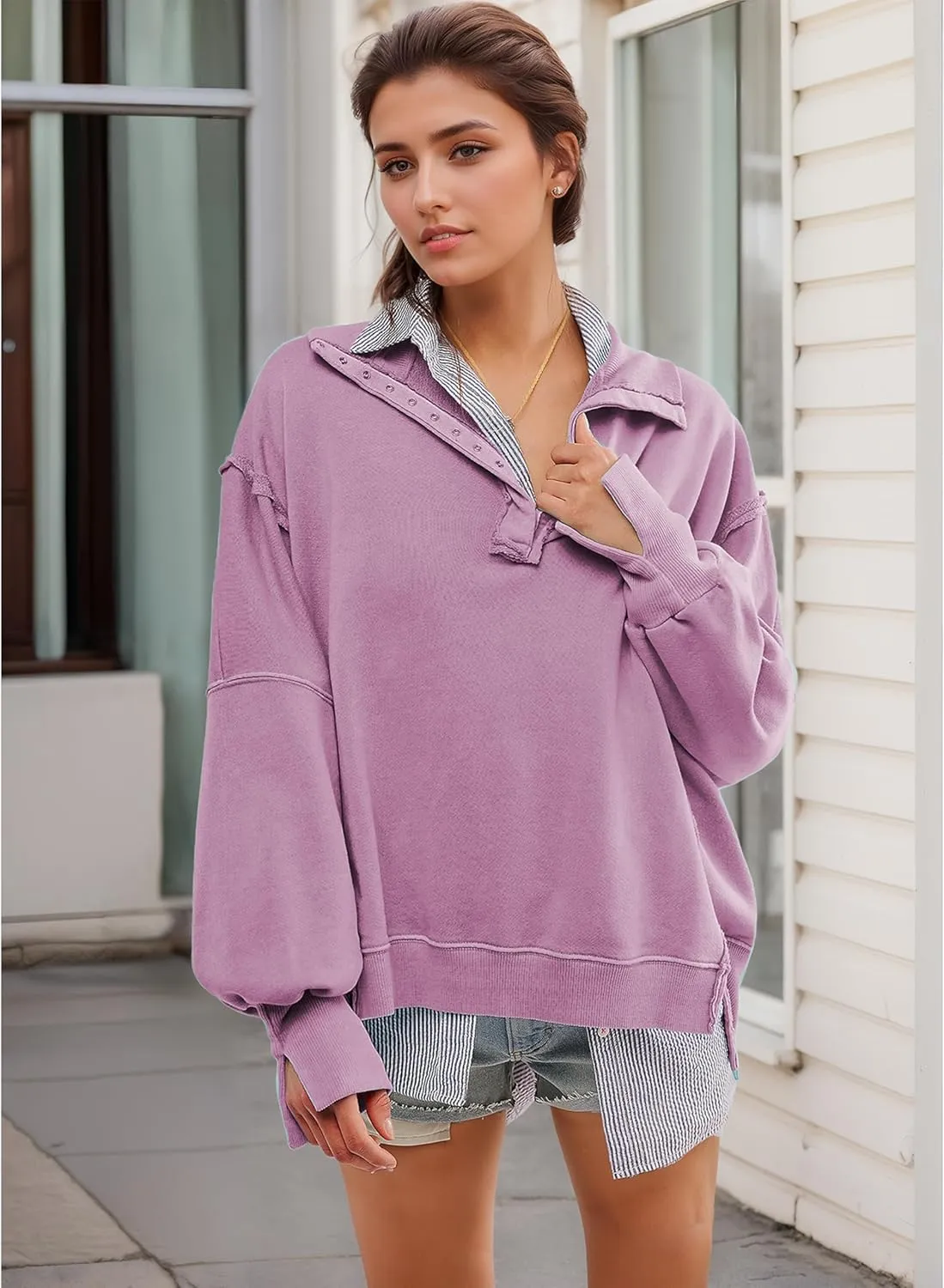 Women's Oversized V Neck Henley Pullover Sweatshirt Trendy Button Up High Low Split Casual Fall Top 2025