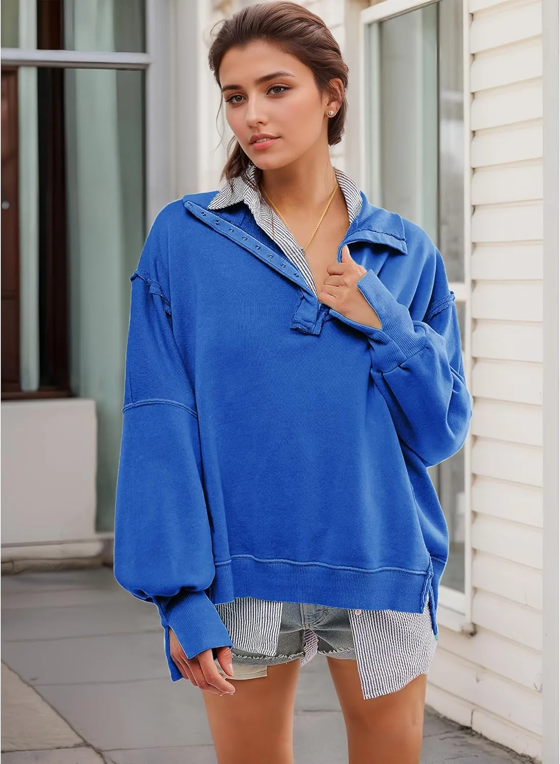 Women's Oversized V Neck Henley Pullover Sweatshirt Trendy Button Up High Low Split Casual Fall Top 2025